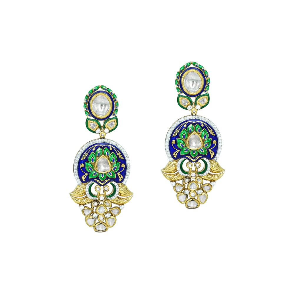 Polki Earrings with Blue-Green Enamel and Gold Accents